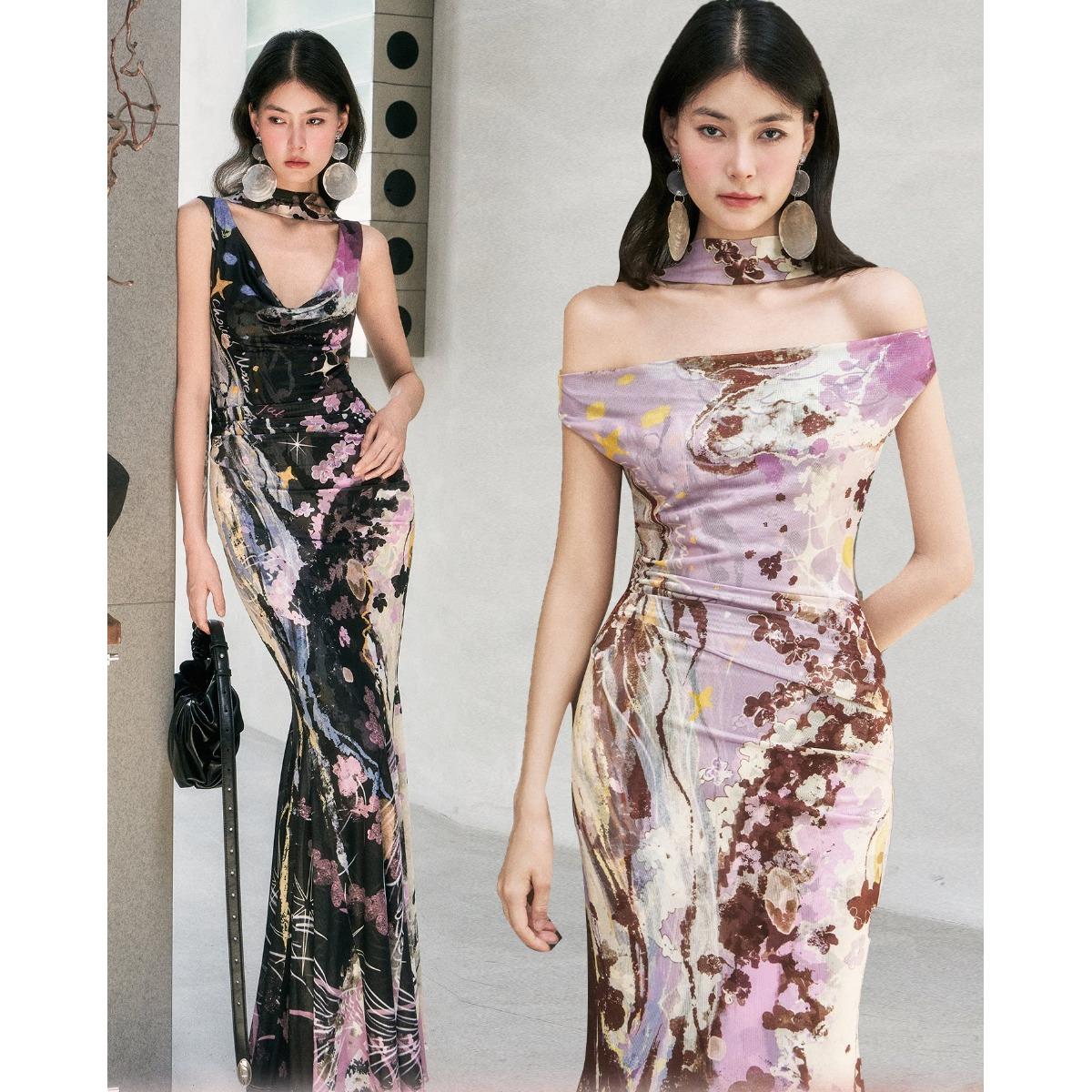 「OfAkiva」Original Hand-Painted Tulle Dress / Women's Cowl Neck One-Shoulder Mermaid Dress